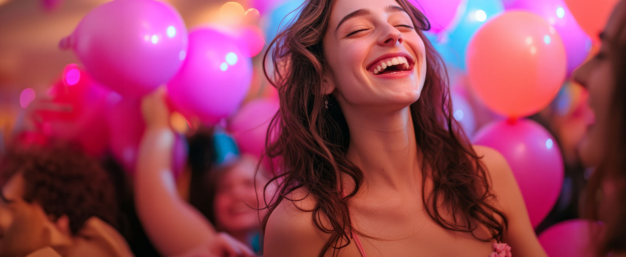 Mädchen lacht zwischen Ballons