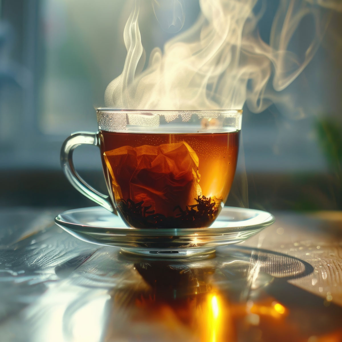 dampfende Glassteetasse mit schwarzem Tee