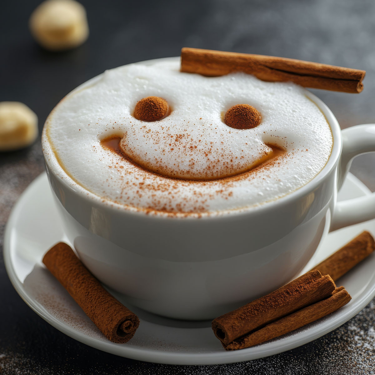 Cappuccino dekoriert mit Zimtstangen