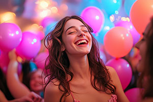 Mädchen lacht zwischen Ballons