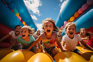 lachende Kinder in Hüpfburg